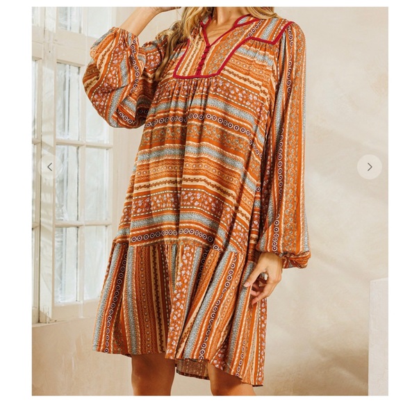 Fabulous Boho Printed caftan Style Long Balloon Sleeve Midi Dress - Picture 5 of 6